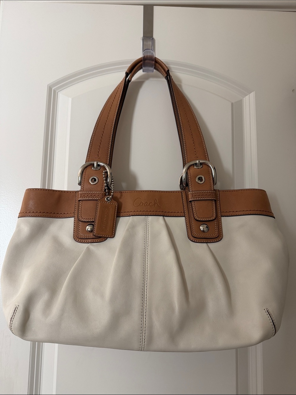 Coach Two-Tone Leather Shoulder Bag — Cream and British Tan. Silver hardware.